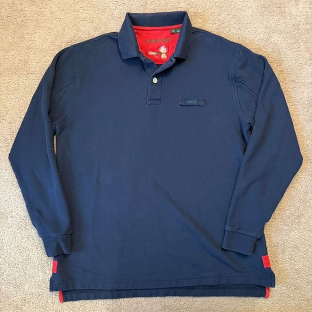 Orvis‎ Signature Navy Long Sleeve Polo Men's Size Medium Heavyweight 100% Cotton